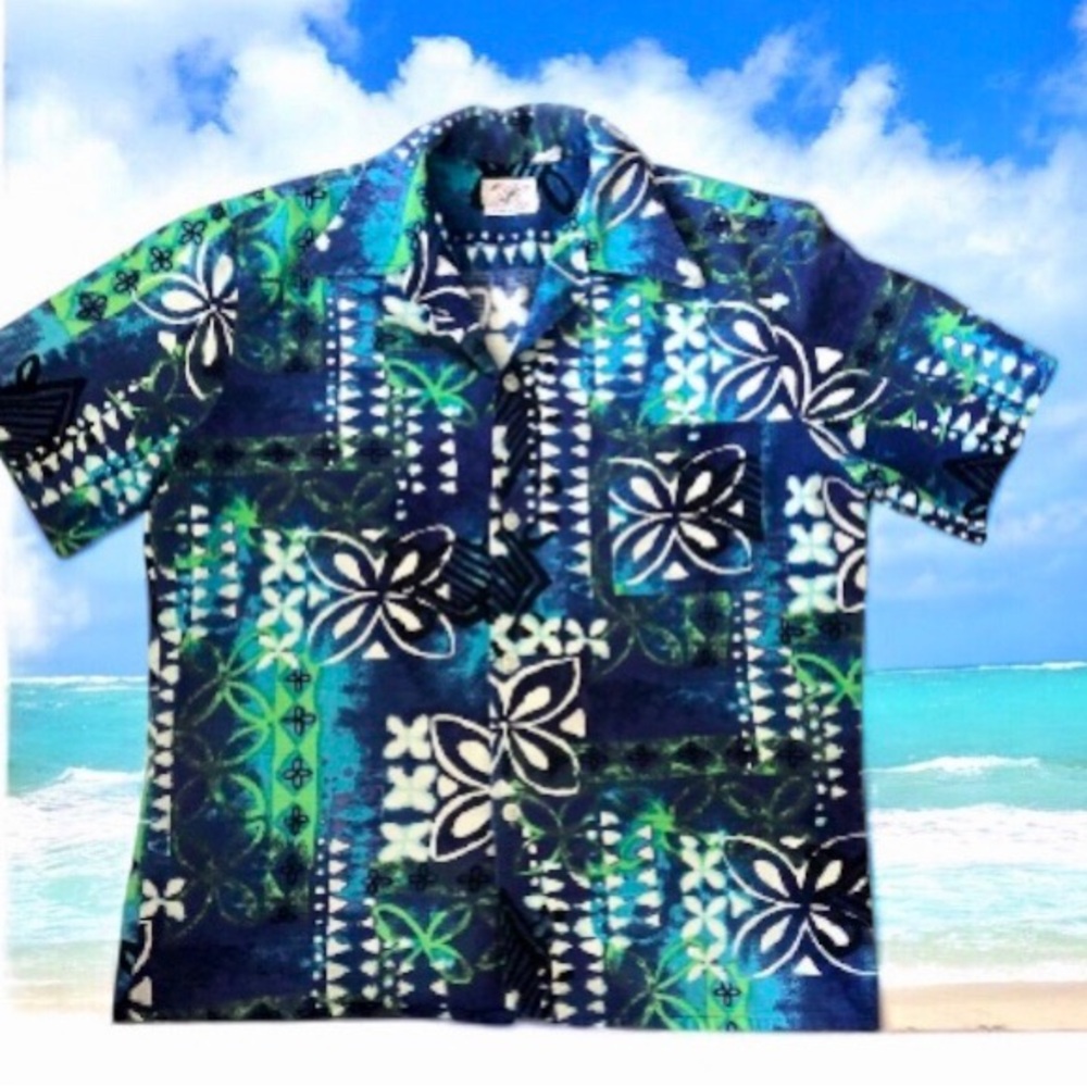 Vintage 60s Sears Hawaiian Shirt Barkcloth Blue Floral Aloha Size L